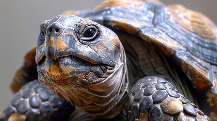 Fototapeta premium Close-up of a tortoise's head and shell, showcasing its textured skin and intricate patterns.