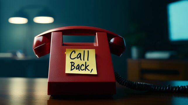 Red vintage telephone with a sticky note saying "Call Back" in dim lighting.