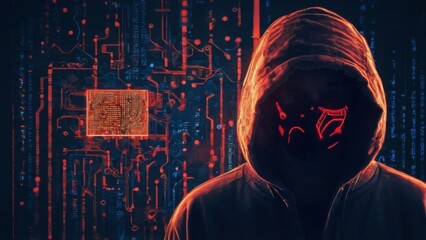 Obraz premium Futuristic Person in Hoodie and Mask Against Dark Background with Circuit Design and Red Blue Pattern, Tech Concept.