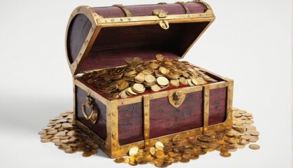 Old wooden chest overflowing with gold coins on a white background, symbolizing wealth and abundance.