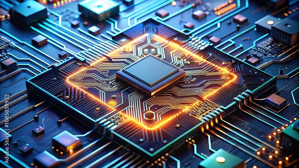 Poster intricate electronic circuit board featuring a processor and generative ai elements, showcasing the 