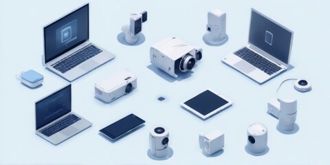 Electronics and Cameras Arranged in Circular Pattern on Light Blue Background with Laptops, Cameras, and Security Cam