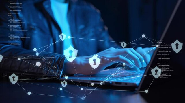 A man using computer with AI chatbot futuristic computer cybersecurity code shield protect computer engineer programmer typing code cyber crime hacking, internet digital technology concept.