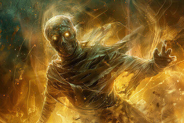 Scary mummy wandering in street with dramatic lighting on Halloween