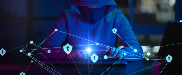 Hacker using computer with AI chatbot futuristic computer cybersecurity code shield protect computer engineer programmer typing code cyber crime hacking, internet digital technology concept.