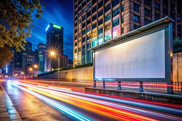 Long Exposure of a Blank Billboard on an Urban Wall in a Vibrant City at Night, Capturing the Motion of Traffic and Illuminated Surroundings for Advertising Opportunities