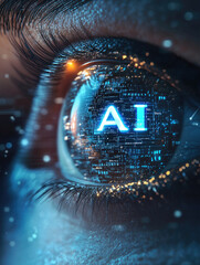 Close up of an eye with the word AI written in it, symbolizing artificial intelligence debate