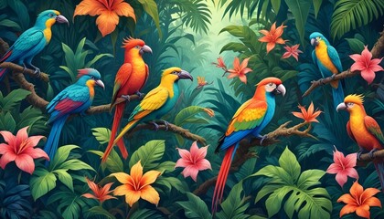 Tropical exotic pattern with animal and flowers in bright colors and lush vegetationn