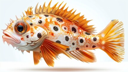 Fototapeta premium Colorful cartoon fish with orange fins and white body, isolated on white.