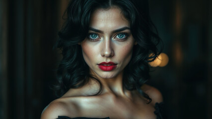 Fototapeta premium Elegant Woman with Striking Red Lips and Dark Hair Portrait