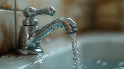 Closeup of a Faucet with Water Running - Realistic Photo