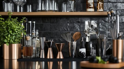 A sophisticated mixology station in a modern home bar, Cocktail tools and ingredients meticulously arranged, Elegant bar style
