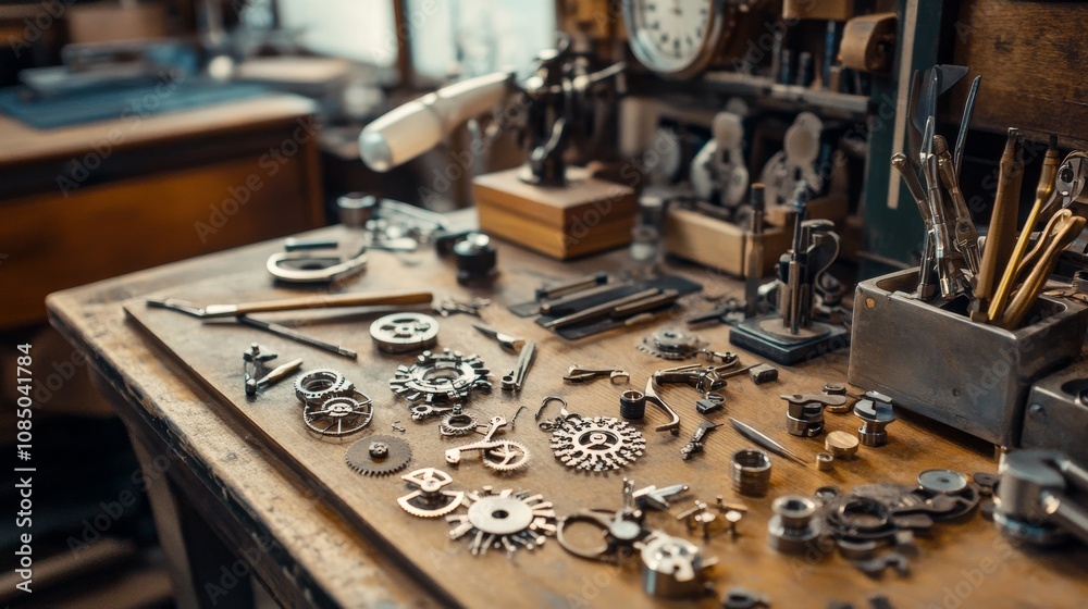 Poster a sophisticated watchmaking bench in a compact workshop, tiny tools, gears