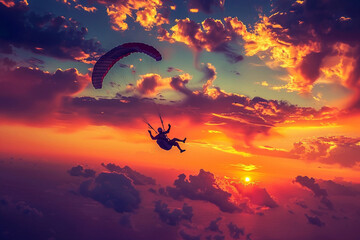 Parachutist with parachute makes heavenly adventure against on landscape