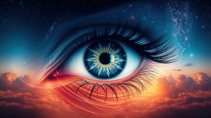 Close-Up of Eye with Digital Interface and Blue Sky