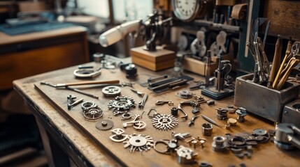 A sophisticated watchmaking bench in a compact workshop, Tiny tools, gears
