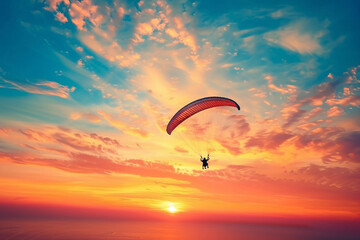 Parachutist with parachute makes heavenly adventure against on landscape