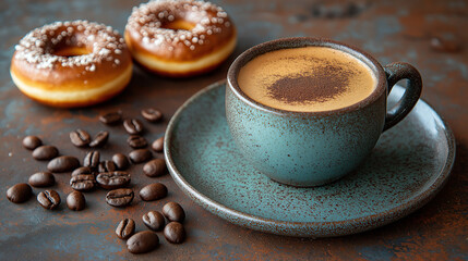 Composition with tasty donuts and coffee on table