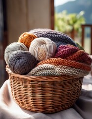Colorful yarns arranged in a basket, creating a warm ambiance suitable for home crafting and knitting projects