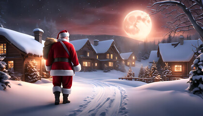 Santa's Nightly Journey magical winter scene, Santa Claus stands silhouetted against a breathtaking full moon, gazing upon a snow-covered village, his journey filled with Christmas spirit.