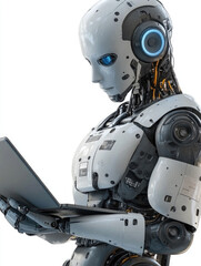 Naklejka premium Robot working with laptop, white background