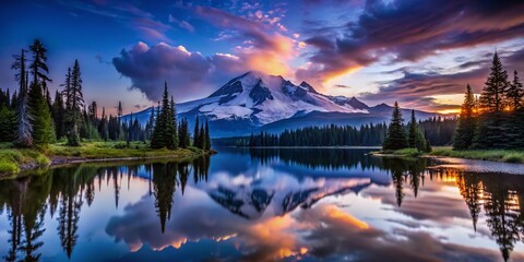 Fototapeta premium Majestic Clouds Parting Over Mount Rainier Peak at Dusk, Illuminating the Landscape with a Soft Glow and Reflective Puddles, Capturing Nature's Beauty and Serenity in Low Light