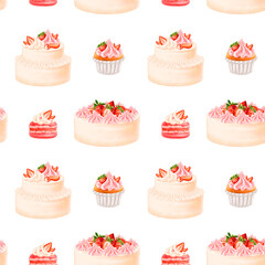 Seamless pattern with berry confectionery. Cake, cheesecake, cupcake, macaroon decorated with juicy strawberries, cream, cream. Decorations for parties and holidays, background. Hand drawing