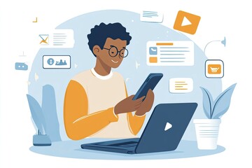 employee looking at phone, laptop next to him, messenger icons, telephony setup, generative ai