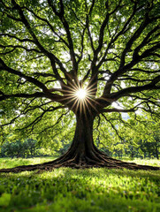Fototapeta premium Colossal Tree Growing in Vibrant Green Landscape