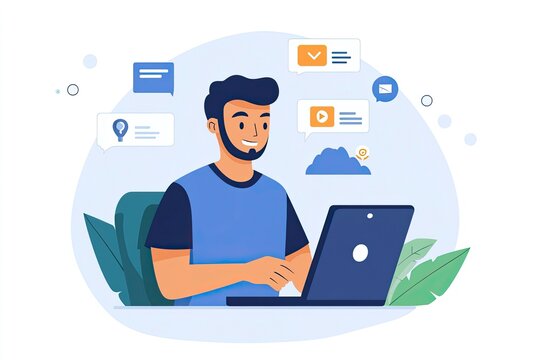 employee looking at phone, laptop next to him, messenger icons, telephony setup, generative ai