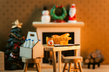 Miniature Christmas Scene with Fireplace and Dining Table Items