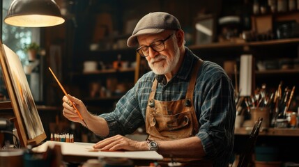 Elderly Artist Engaged in Creative Drawing in a Cozy Studio Filled with Art Supplies, Brushes, and Expressions of Passion for Crafting Unique Masterpieces