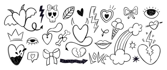 Set of punk and rock elements for girl in hand drawn style with pencil texture. Cartoon vector illustration with heart, ice cream, eye and lightning.
