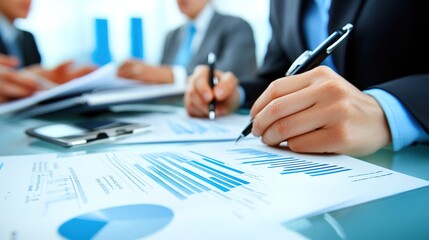 Business Meeting with Focus on Financial Documents and Market Analysis, Hands of Professionals Engaged in Discussion and Planning Strategies