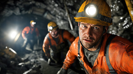 Naklejka premium Underground mining workers in safety gear, focused on their task. scene captures intensity and dedication of mining professionals in challenging environment