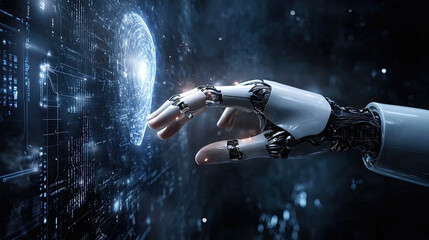 Hands of robot and human touching on big data network connection background - Generative AI