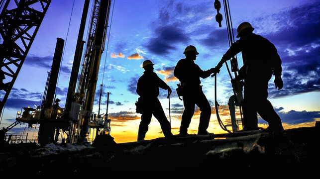 Silhouetted oil workers collaborate on a drilling rig at dusk against a vibrant blue sky, capturing the essence of industrial labor