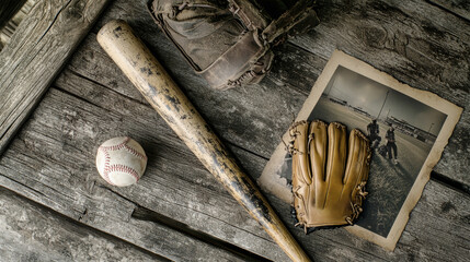 A vintage baseball bat, glove, and old game photo on weathered wooden planks evoke nostalgia for classic American sports culture