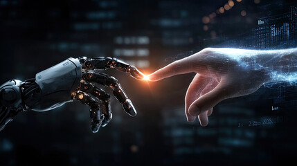 Hands of robot and human touching on big data network connection background - Generative AI