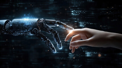 Hands of robot and human touching on big data network connection background - Generative AI