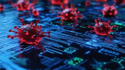 A digital representation of viruses, depicted in red against a blue technological background, symbolizing the intersection of biology and technology.