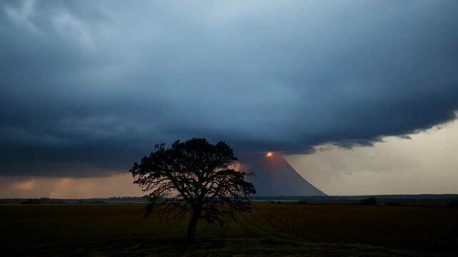 Dramatic zoom out video of a lone tree in a prairie during a late afternoon storm with an approaching tornado.