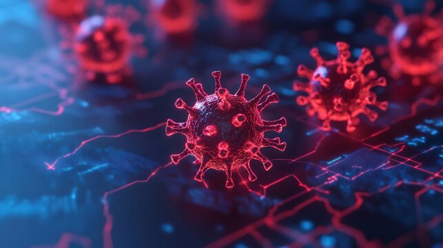 A vivid depiction of red virus-like particles against a digital backdrop, symbolizing the intersection of biology and technology.