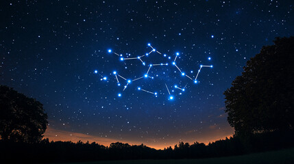 Fototapeta premium Clear night sky revealing constellations over a serene landscape near a wooded area