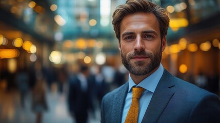 A confident man in a sharp suit smiles in a bustling urban environment, showcasing a professional and polished demeanor.
