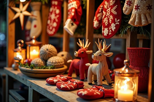 Nordic handicraft stall with traditional straw julbock goats, hand-painted Dala horses, knitted wool mittens, beeswax candles, and decorations illuminated by warm lantern light in a cozy setting