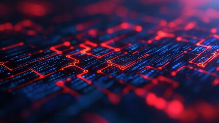 A vibrant digital landscape featuring intricate patterns of glowing red and blue circuits against a dark background, symbolizing technology and data flow.