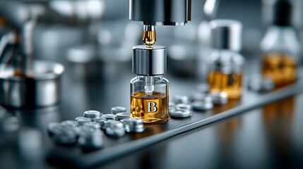 Automated Machine Filling Glass Vial with Amber Liquid in a Pharmaceutical Laboratory