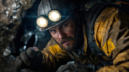 Fototapeta premium mining engineer inspects underground tunnels, showcasing determination and focus. miner rugged appearance and headlamp illuminate dark environment, emphasizing challenges of mining work