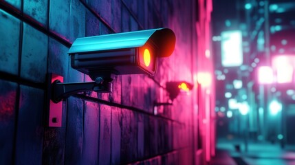 A vivid urban scene featuring surveillance cameras illuminated by neon lights, highlighting themes of security and technology in a modern setting.